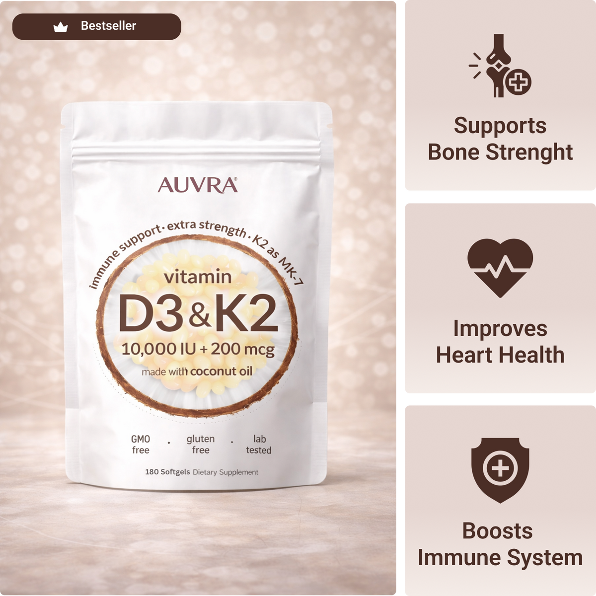 Vitamin D3 K2 Supplement Softgels