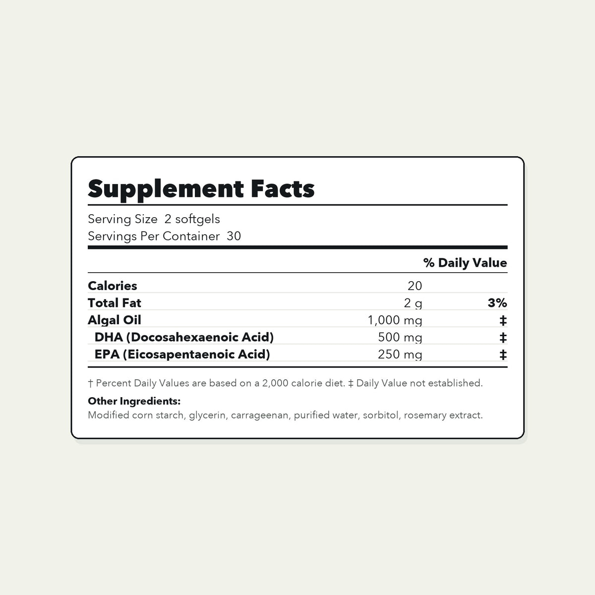Supplement facts panel for AUVRA Omega-3 Algal Oil